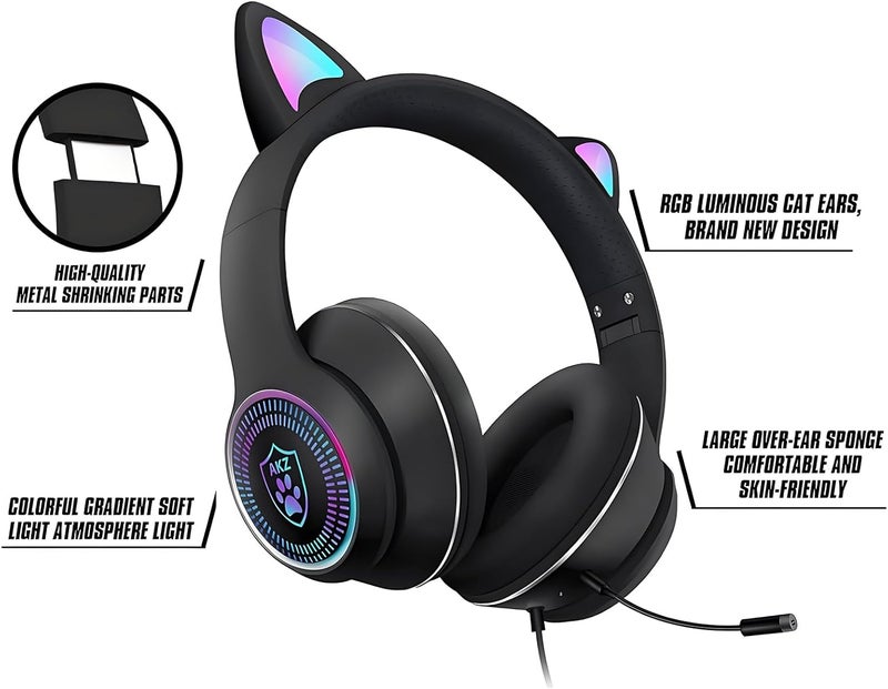 VIGROS Cat Ear Gaming Headphones Wired AUX 3.5mm with LED Light, Flashing Stereo Game Headphones Surround Sound Over-Ear Headsets with Microphone Fit Kids & Adult for PC, PS4, Switch, Mobile, Laptop - Image 3